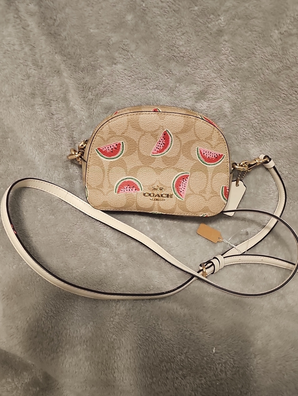 Coach Beige Signature Canvas Mini Crossbody with Pink Watermelon Print
